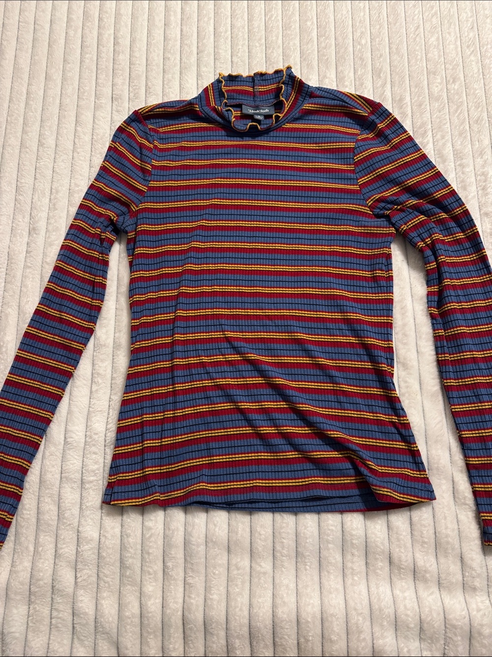 Modcloth Multicolor Striped Ribbed Mock Neck Long-Sleeve Top